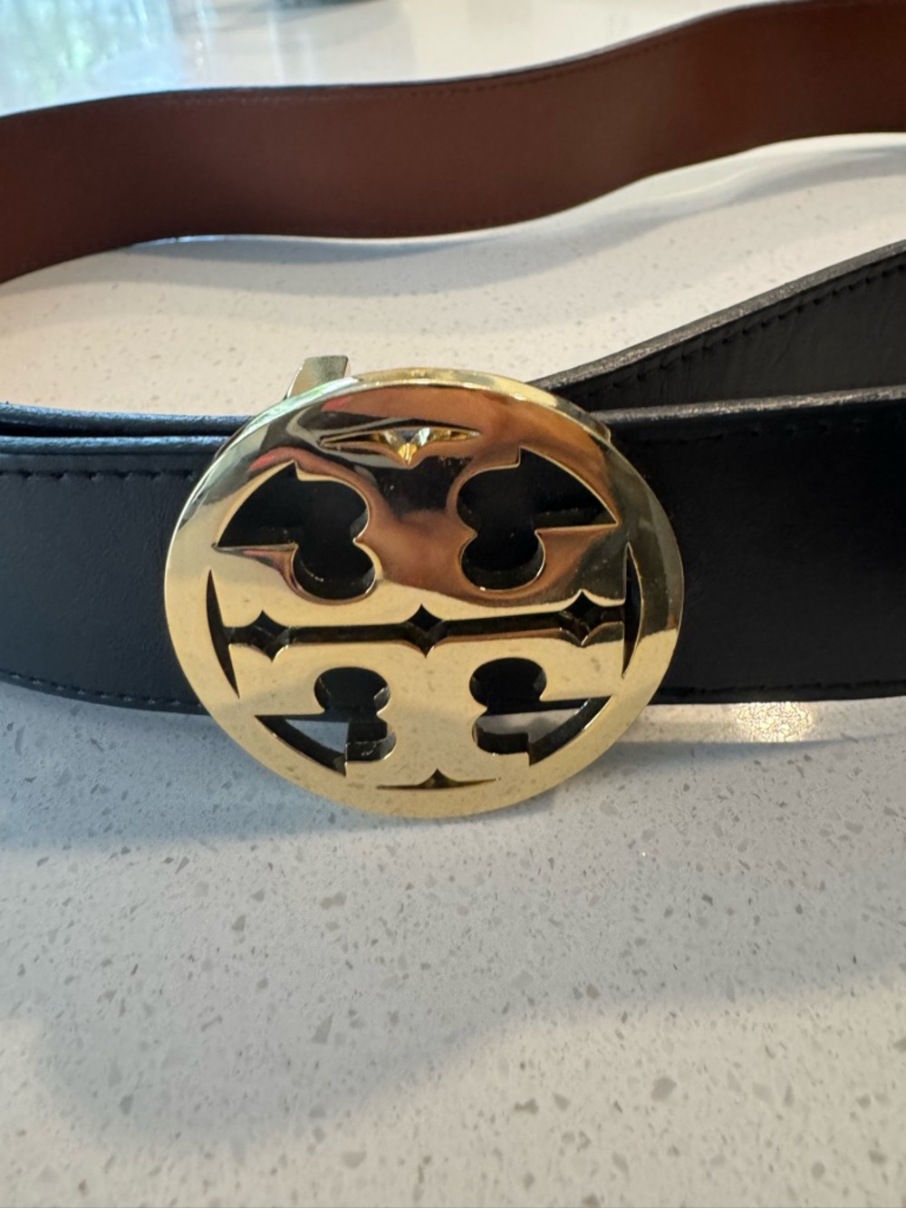 Tory Burch Black Leather Belt with Gold Double-T Logo Buckle